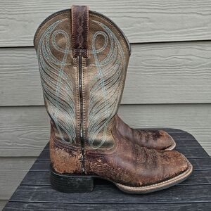 Ariat Cowboy Boots Brown Gold Teal Leather Western Square Toe Women's Size 6 B